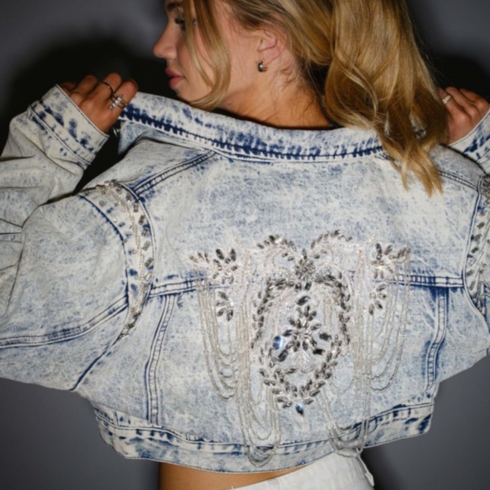 80037J Blue B Acid Washed Denim Jacket with Embellished Beading - Various Sizes - Picture 3 of 3